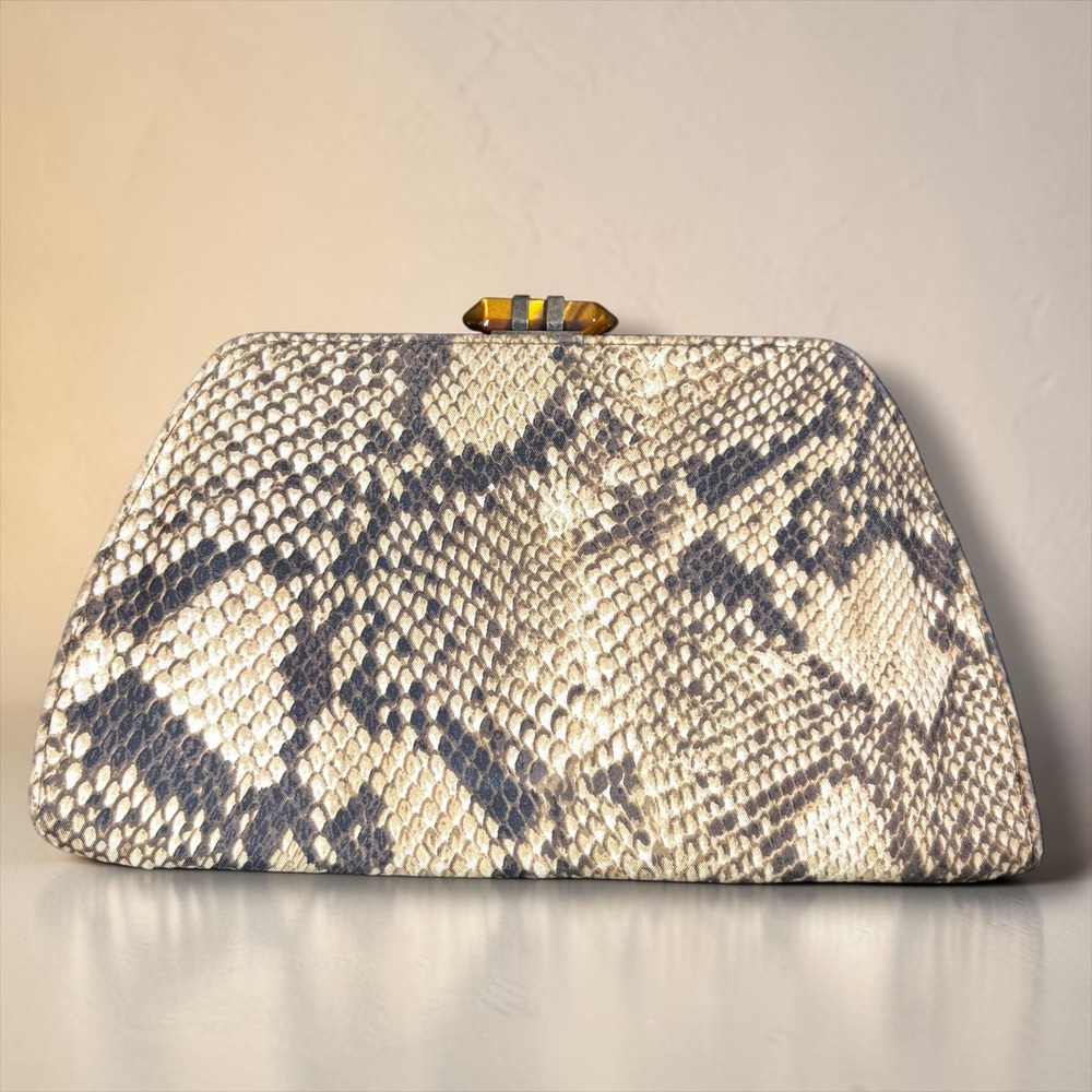Banana Republic Snakeskin Print Frame Clutch Amber Stone Clasp Neutral Handbag
